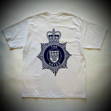 THE HATED SKATEBOARDS: BRITISH TRANSPORT POLICE TEE (WHITE) "blue on white print"
