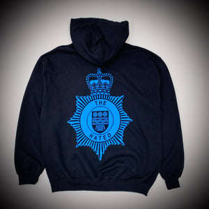 THE HATED SKATEBOARDS: BRITISH TRANSPORT POLICE HOOD (BLACK) "blue on black print"